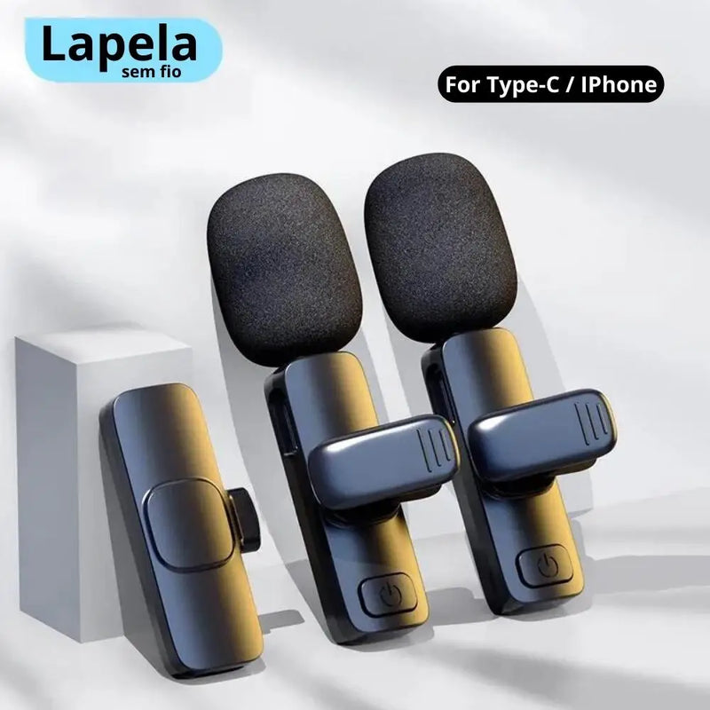 Microfones Lapela Kit 2 Modelo K9 Sem Fio Bluetooth Para Celular Computador Câmera Smartphone Android Tipo - C IPhone Lightning